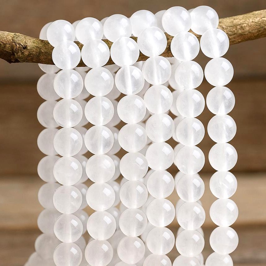 Natürlicher weißer Quarzkristall Perlenstrang rund glatt glänzend 8 mm (ca. 46 Perlen / ca. 38,5 cm