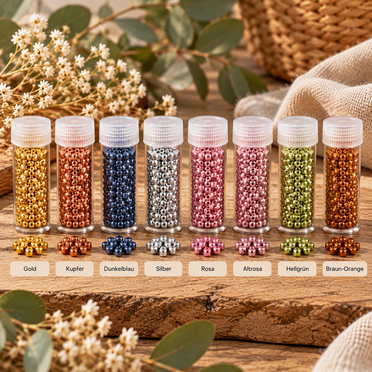 80 Gramm Zylinderperlen 8 Farben in 16 Kunststoffröhrchen - für DIY Schmuck