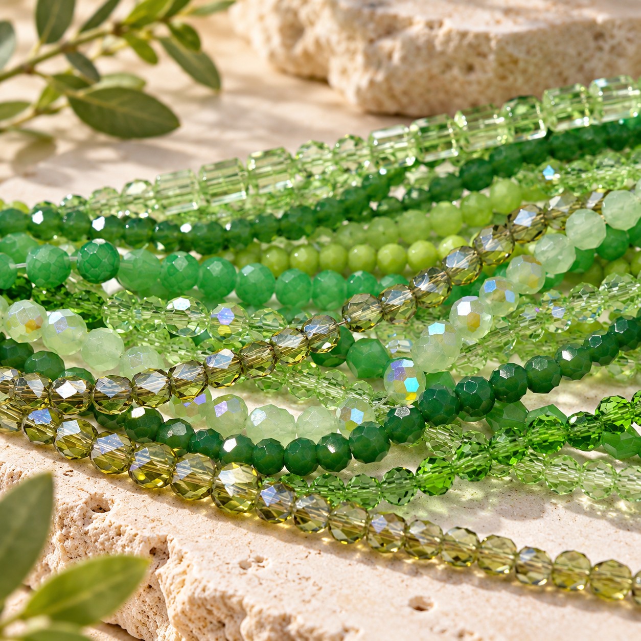 DIY Glasperlen Armband Bastelset WALDGEFLÜSTER 4 - 5 mm Glasperlenstränge in Grün mit Perlenbrett und elastischem Band