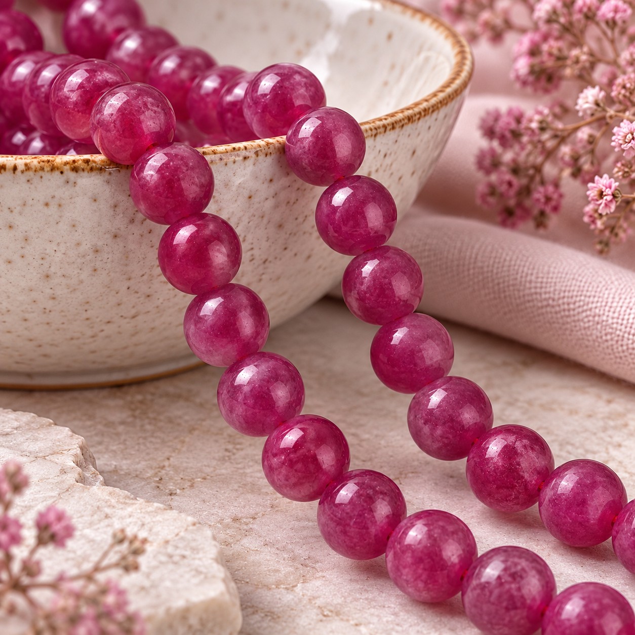 Kurzer Jade Perlenstrang 8 - 8,4 mm fuchsia gefärbt (ca. 23 Perlen / ca. 18,5 cm)