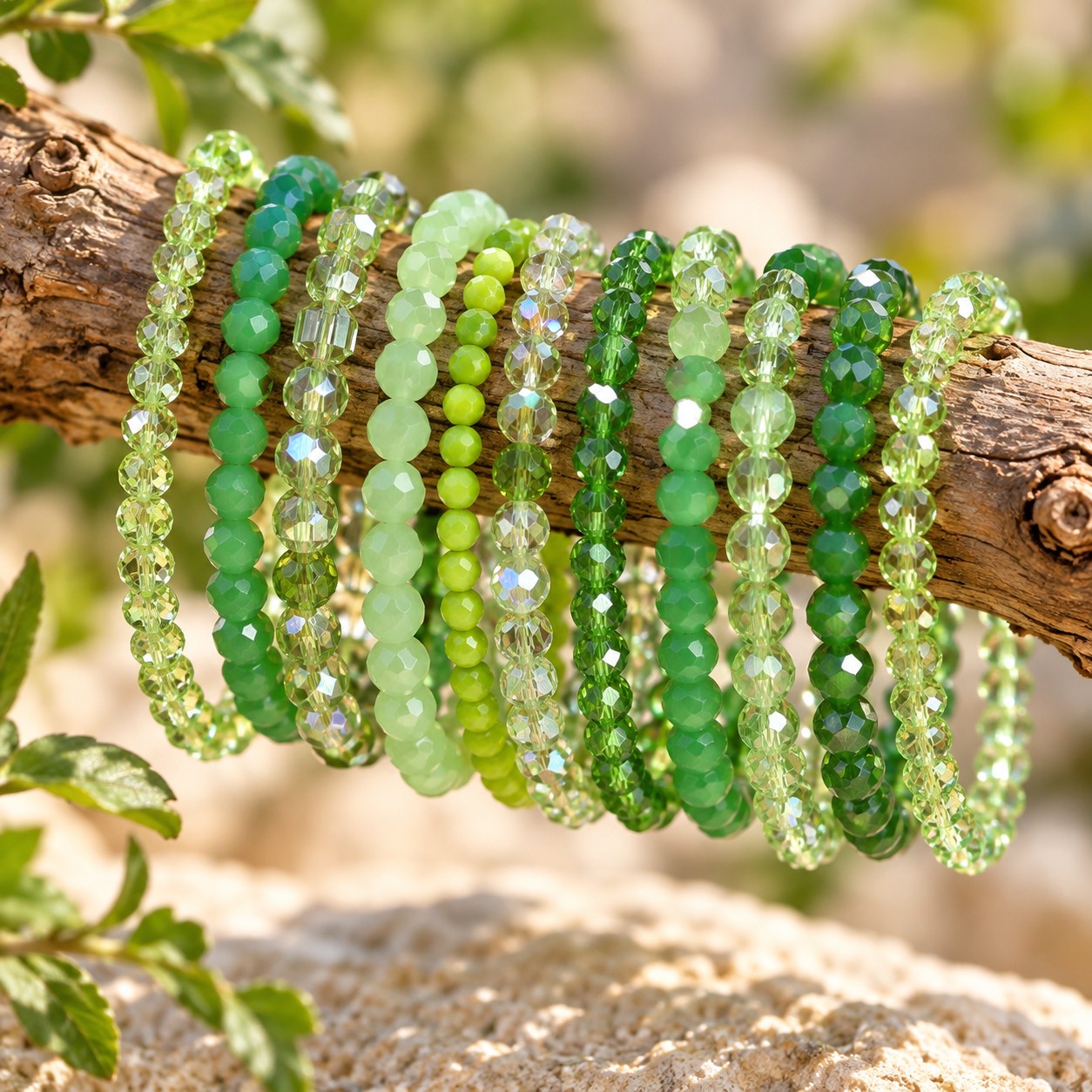 DIY Glasperlen Armband Bastelset WALDGEFLÜSTER 4 - 5 mm Glasperlenstränge in Grün mit Perlenbrett und elastischem Band
