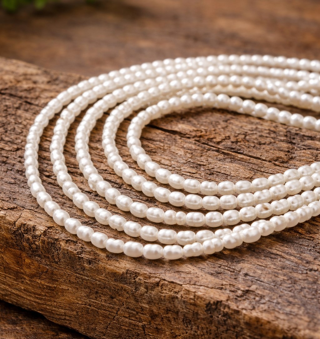 Zierlicher kurzer Süßwasser Zuchtperlenstrang 3 - 4 x 2,5 mm (ca. 18 cm Länge)