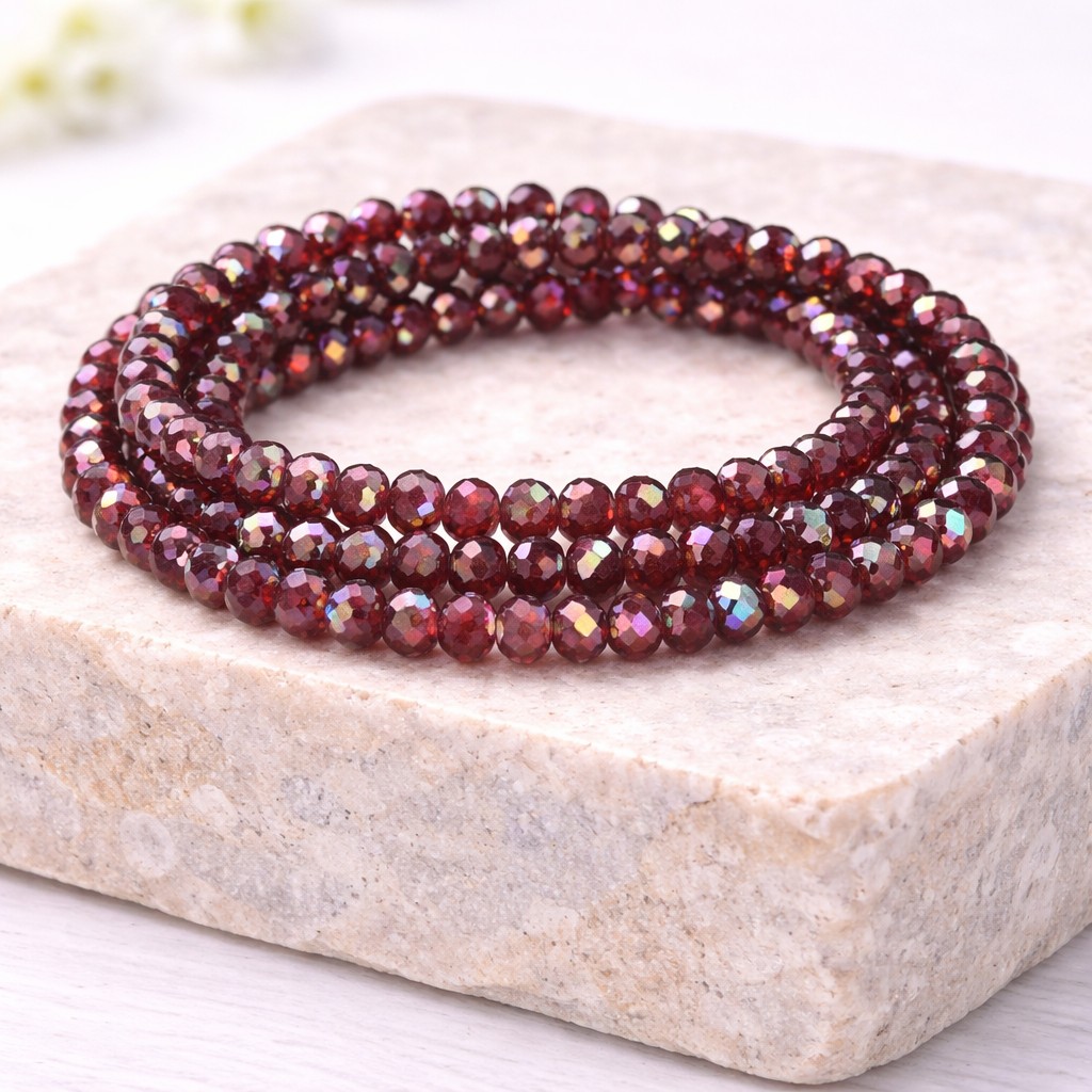 Facettierter Glasperlenstrang rot - Rondelle 4 x 3 mm galvanisiert (ca. 120 Perlen / ca. 46 cm Länge)