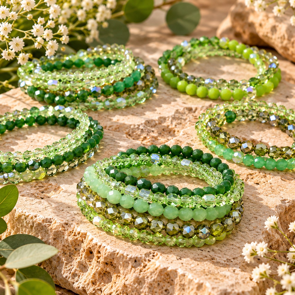 DIY Glasperlen Armband Bastelset WALDGEFLÜSTER 4 - 5 mm Glasperlenstränge in Grün mit Perlenbrett und elastischem Band