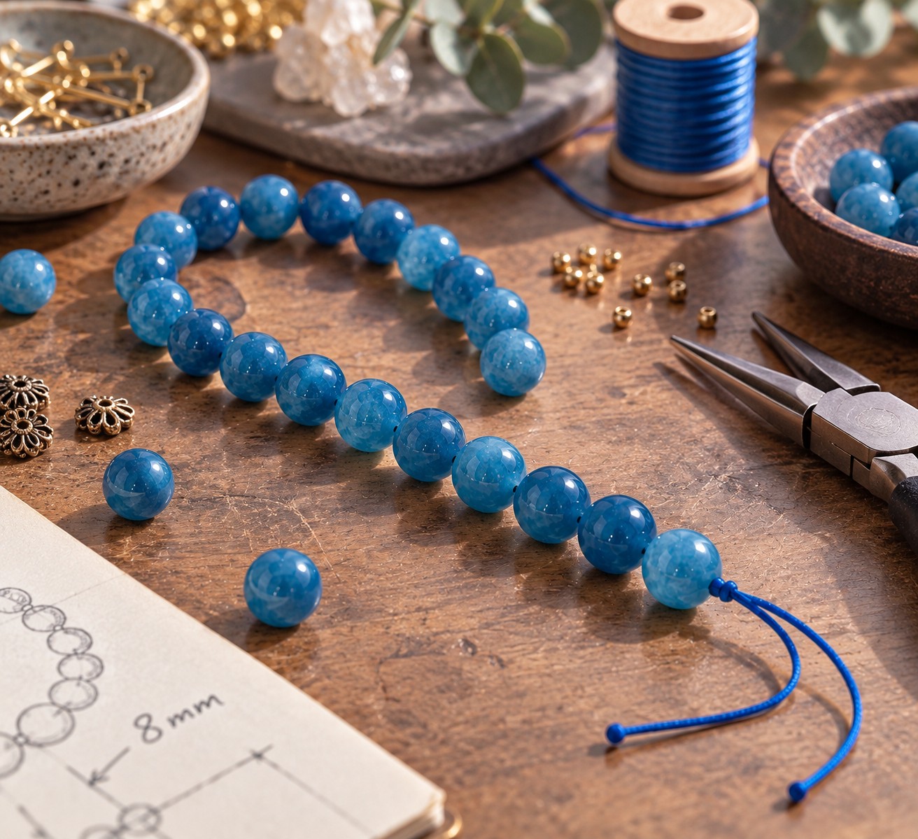 Kurzer Jade Perlenstrang 8 - 8,4 mm blau gefärbt (ca. 23 Perlen / ca. 18,5 cm)