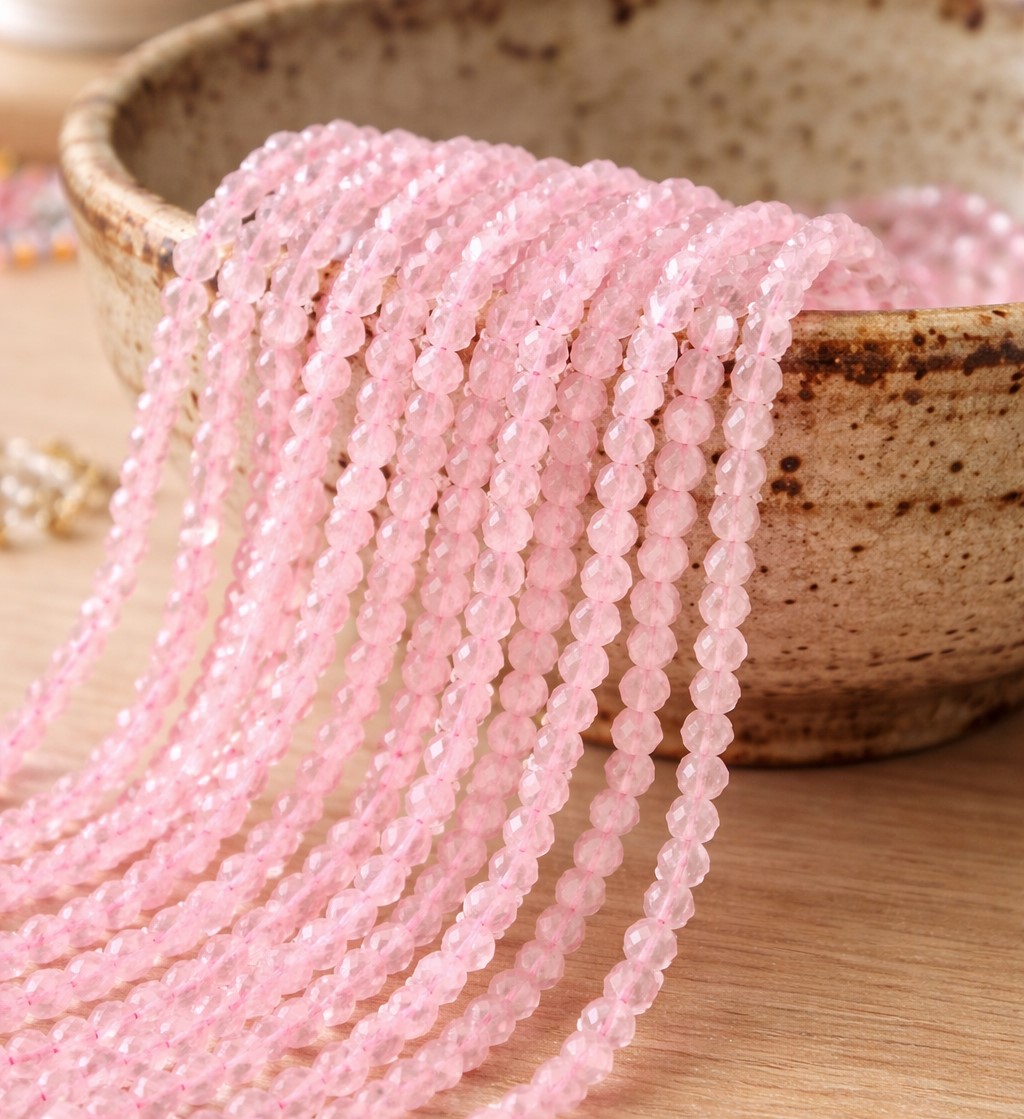 Natürlicher Rosenquarz Perlenstrang facettiert 3,5 - 3,6 mm (ca. 136 Perlen / ca. 38,5 cm Länge)