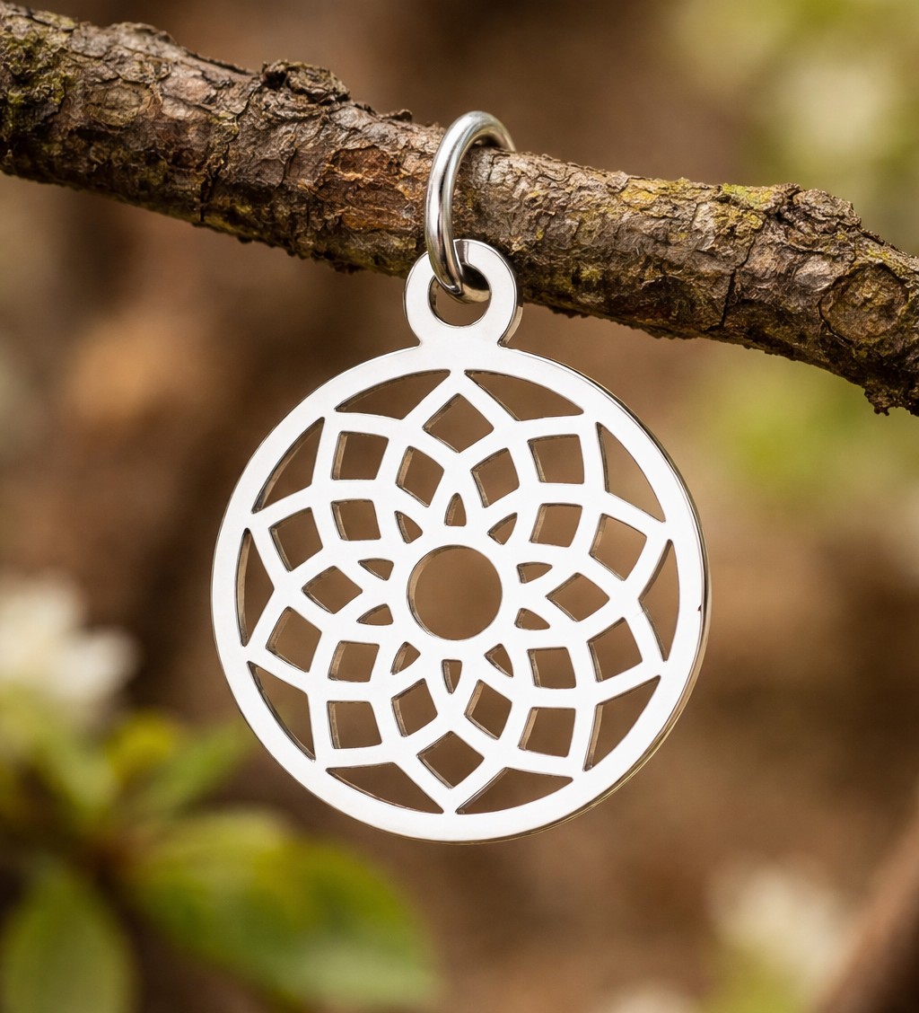 Edelstahl Chakra Anhänger rund platinfarben 22,5 x 19 x 1 mm - filigranes Mandala Design