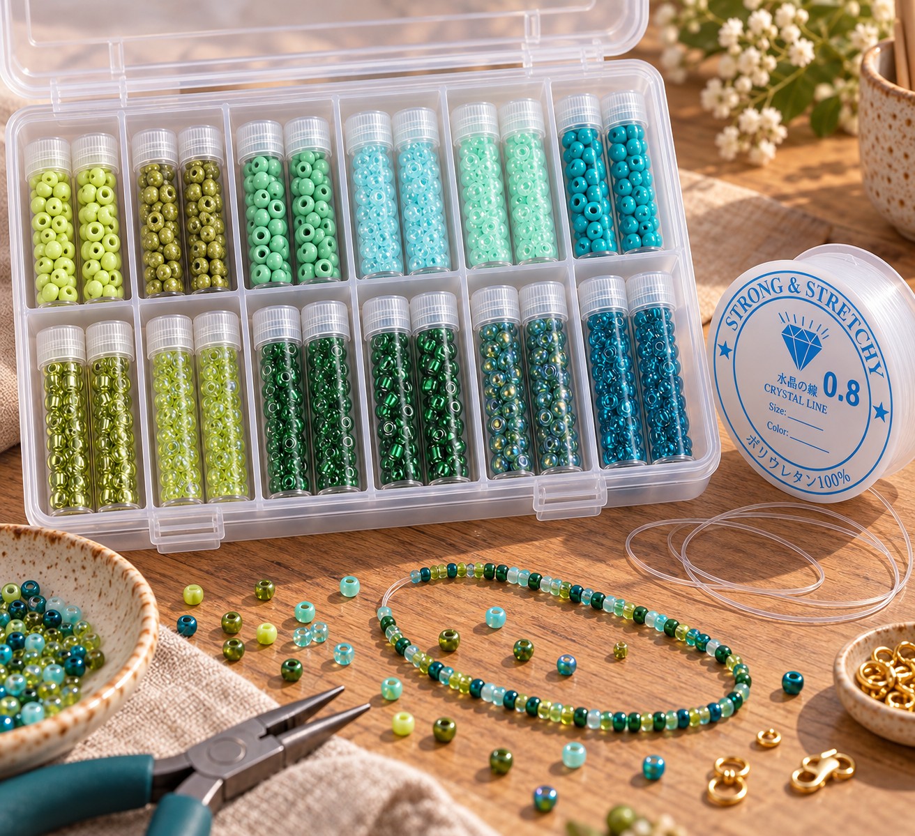 DIY Armband Bastelset - 12 Farben Glas Rocailles & elastisches Band