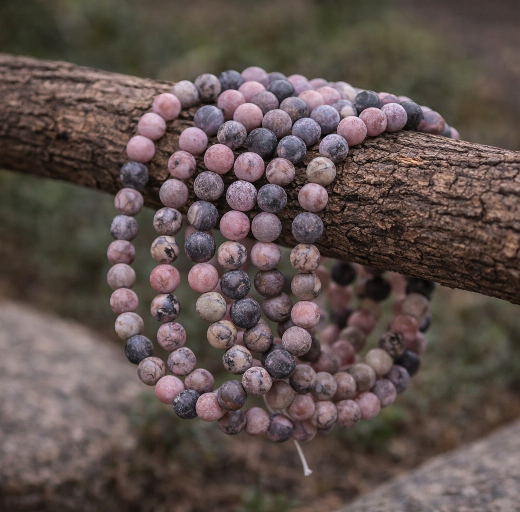 Natürlicher gefrosteter Rhodonit Perlenstrang rund 4,5 mm (ca. 86 Perlen / ca. 37 cm Länge)