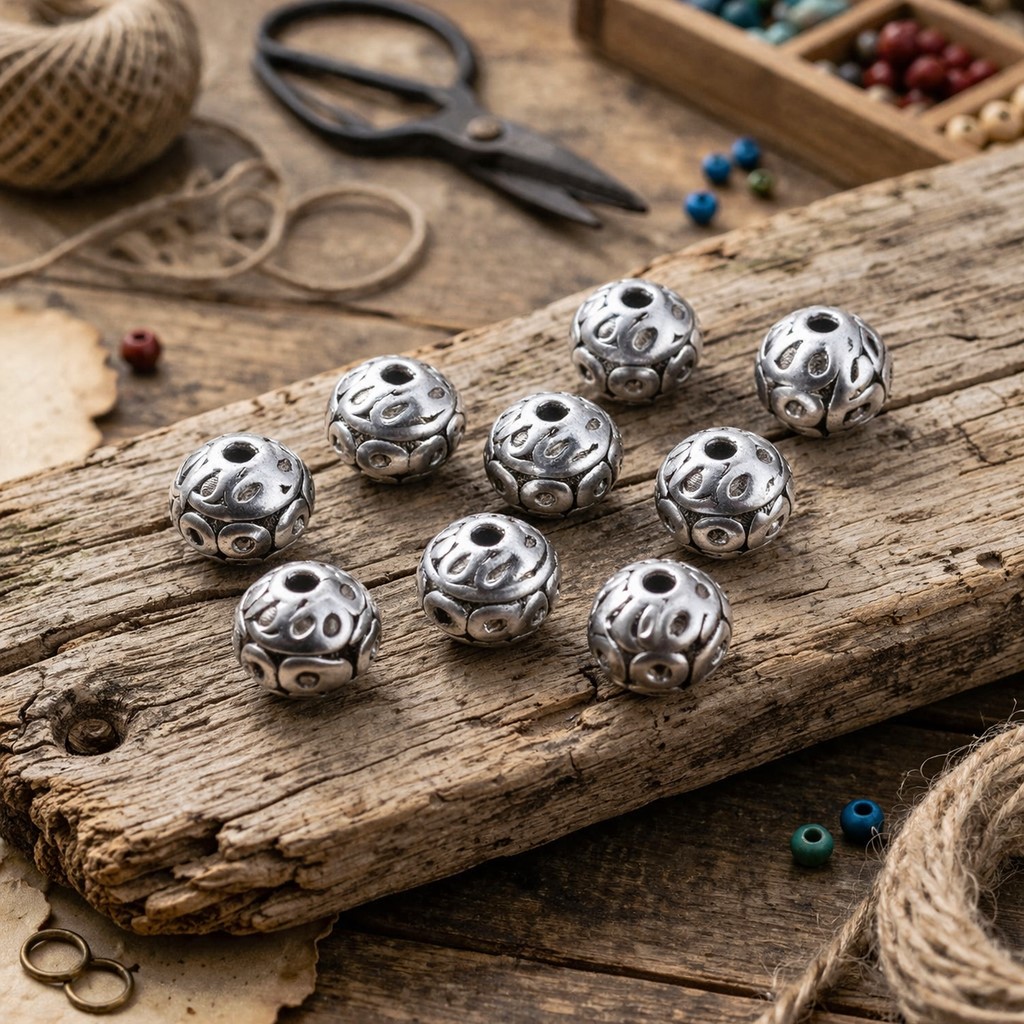 10 tibetische Metallperlen Zwischenperlen 8 mm antik silberfarben - dekorative Schmuckperlen für Armbänder & DIY Schmuck