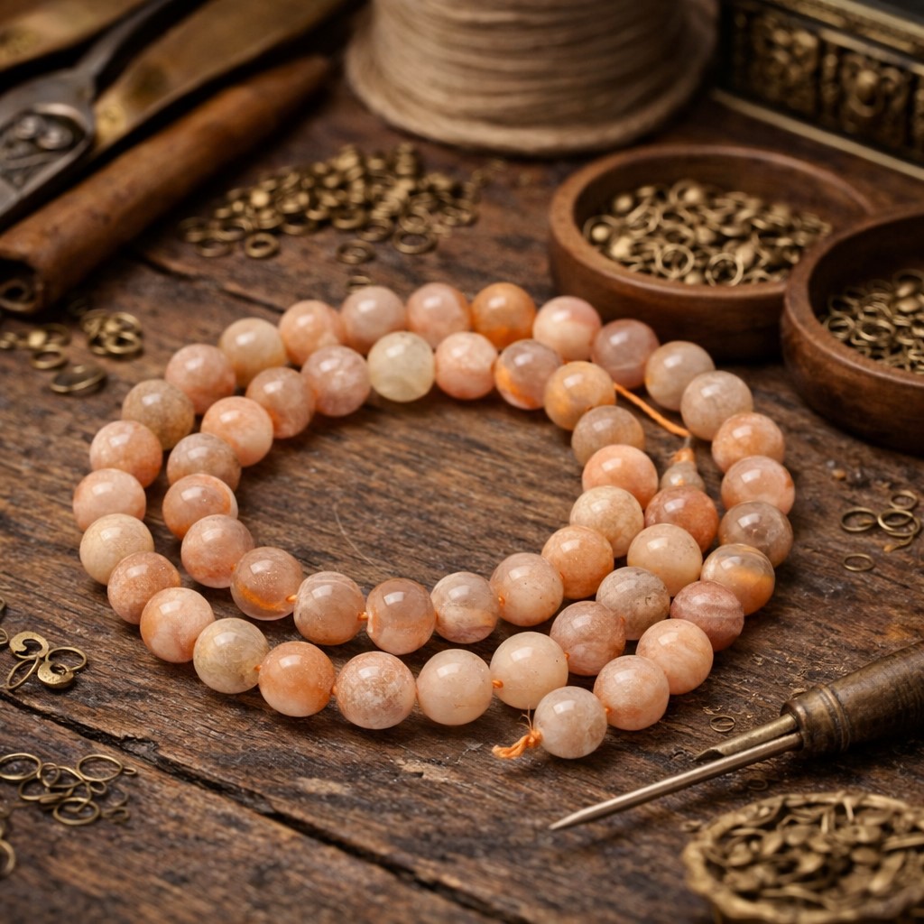 Natürlicher Sonnenstein Perlenstrang 7,9 - 8,2 mm rund glatt glänzend (ca. 50 Perlen / ca. 39 cm Län