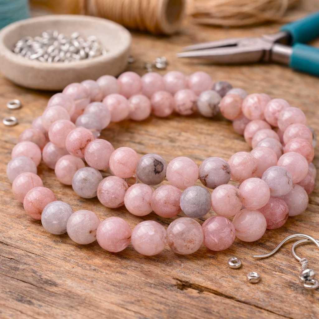 Natürlicher Kirschblüten Jaspis Perlenstrang rund glatt glänzend 8,5 - 8,6 mm (ca. 47 Perlen / ca. 38,5 cm Länge)