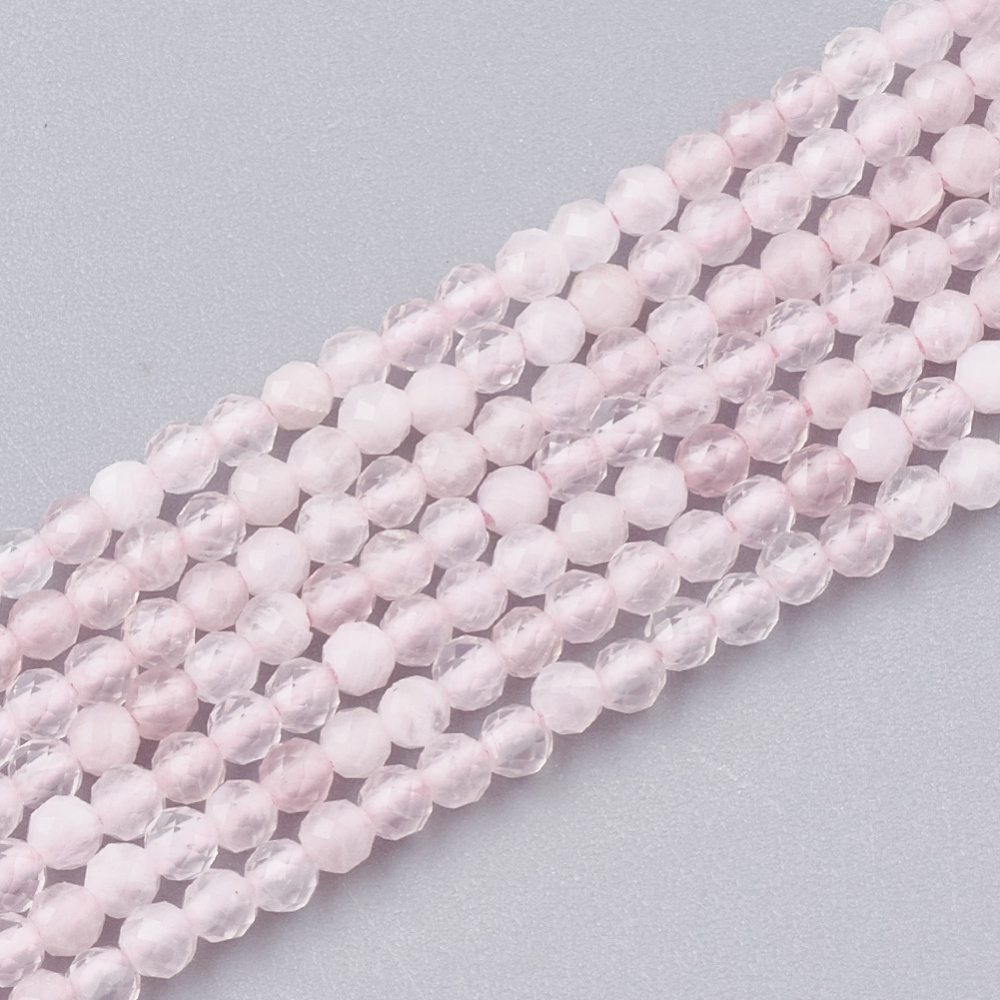 Natürlicher zierlicher Rosenquarz Perlenstrang facettiert 2,4 - 2,5 mm (ca. 182 Perlen / ca. 38,5 cm Länge)