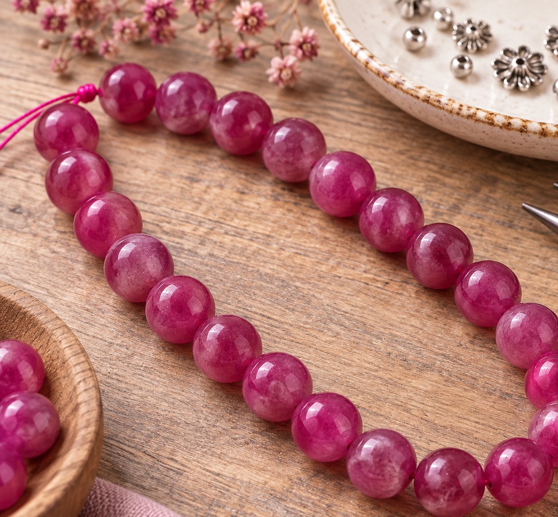 Kurzer Jade Perlenstrang 8 - 8,4 mm fuchsia gefärbt (ca. 23 Perlen / ca. 18,5 cm)