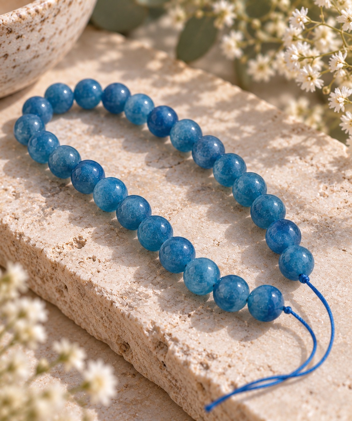 Kurzer Jade Perlenstrang 8 - 8,4 mm blau gefärbt (ca. 23 Perlen / ca. 18,5 cm)