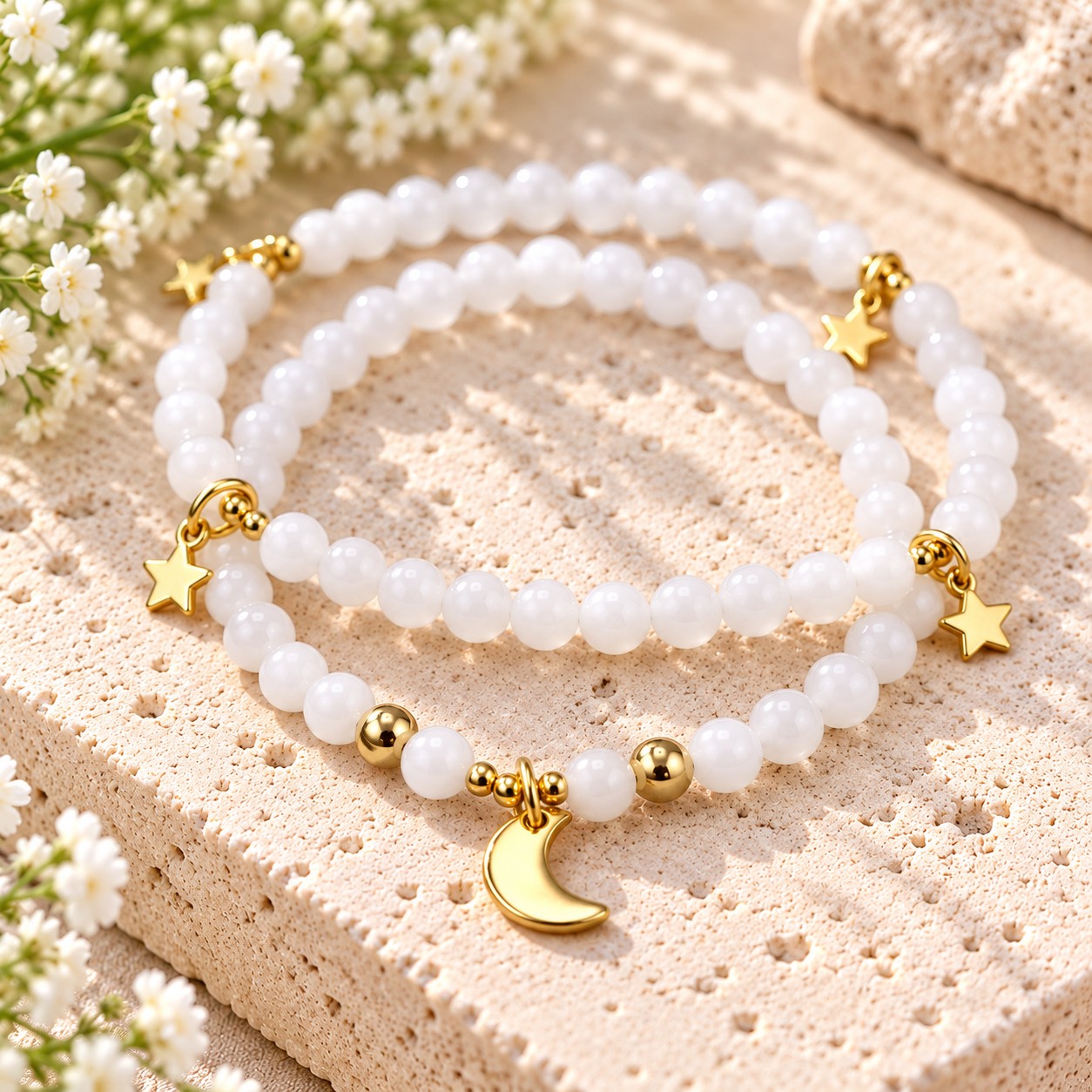 Bastelset für 2 Jadeperlen Armbänder Mond und Sterne goldfarben