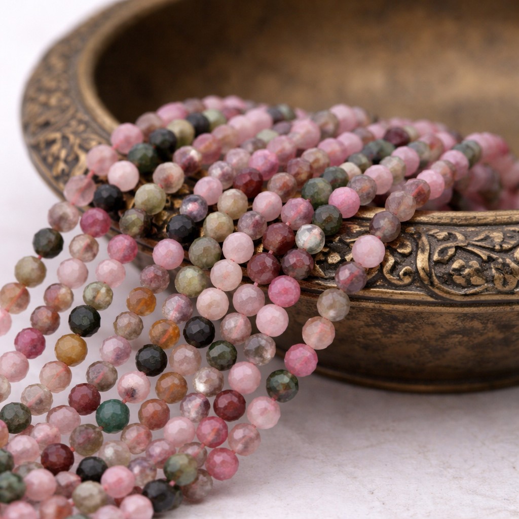 Natürlicher Turmalin Perlenstrang facettiert 3 mm (ca. 144 Perlen / ca. 39 cm Länge)