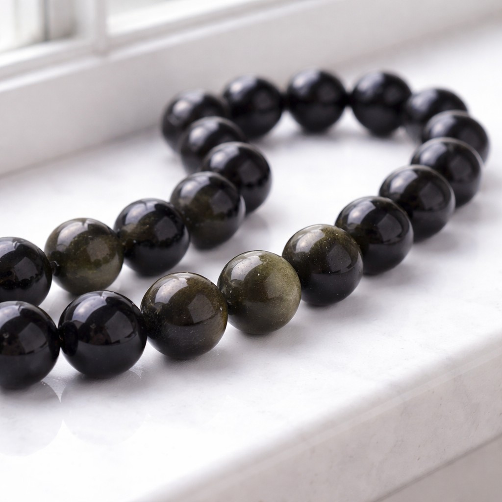 Kurzer Halbstrang Goldschein Obsidian Perlenstrang 8,5 - 8,6 mm schwarz (ca. 24 Perlen / ca. 20 cm L