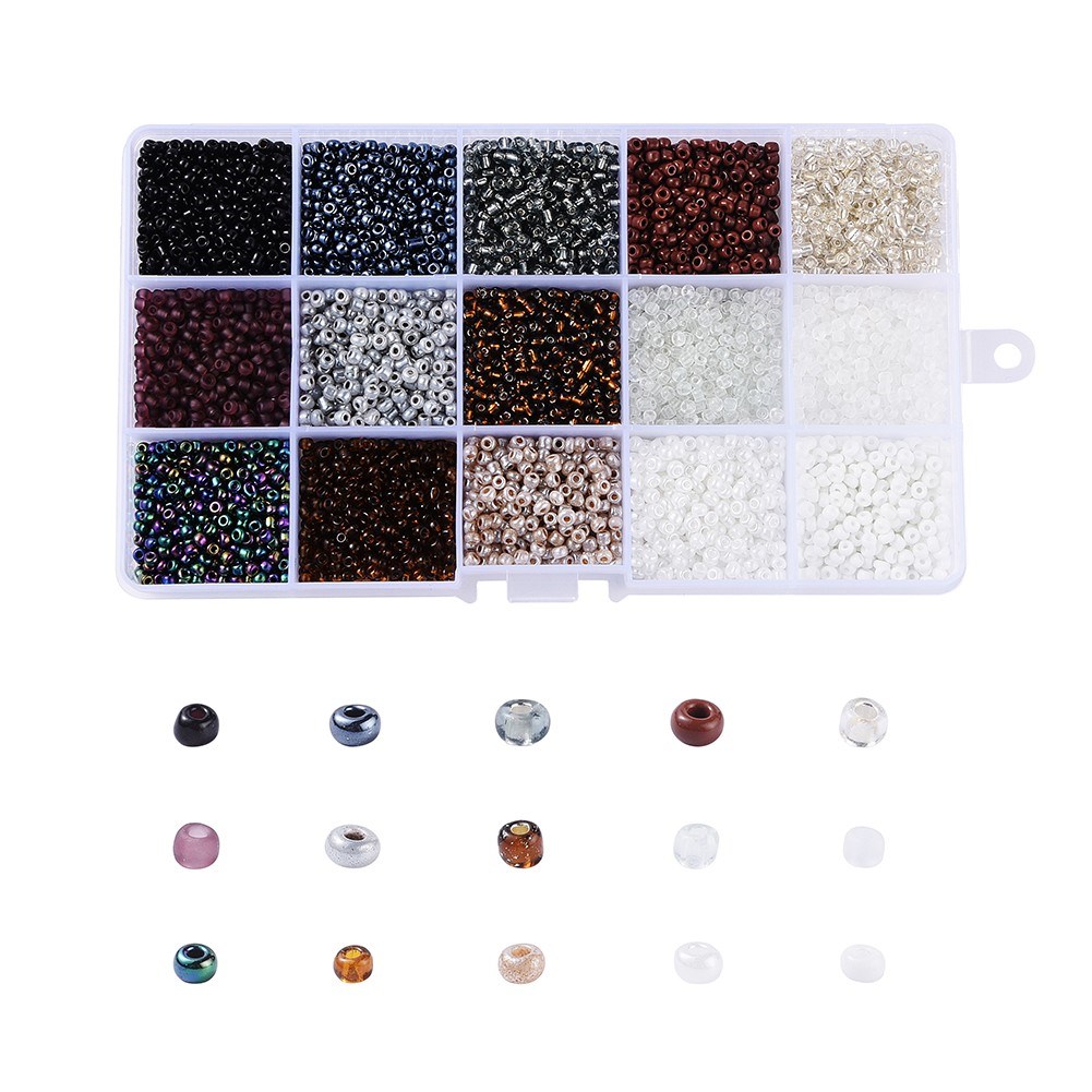 mischpackung-rocailles 1 Kasten Rocailles 8/0 Glasperlen 15 verschiedene Farben 3 mm (ca. 230 Gramm)