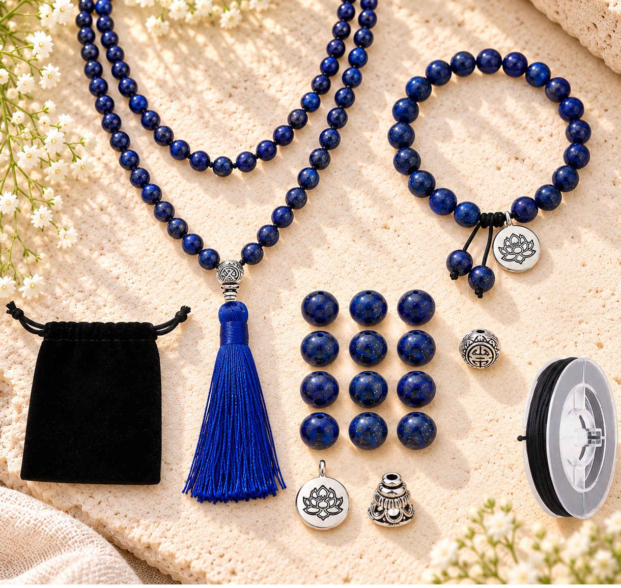 DIY Schmuck Bastelset mit Lapislazuli Perlen für Lange Kette und Armband mit Lapislazuli Perlen