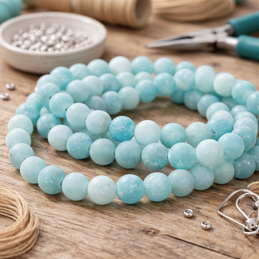 Natürlicher Amazonit Perlenstrang matt gefrostet rund 6,5 - 6,6 mm (ca. 59 Perlen / ca. 39 cm Länge)