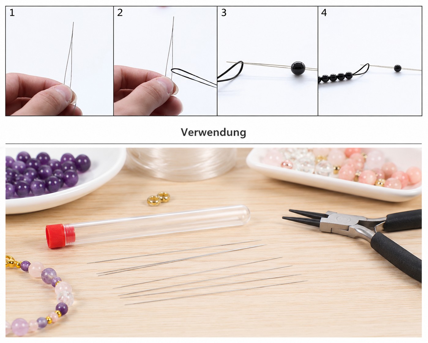 Perlnadel Set zur Schmuckherstellung mit 6 Perlennadeln im praktischen Reagenzglas
