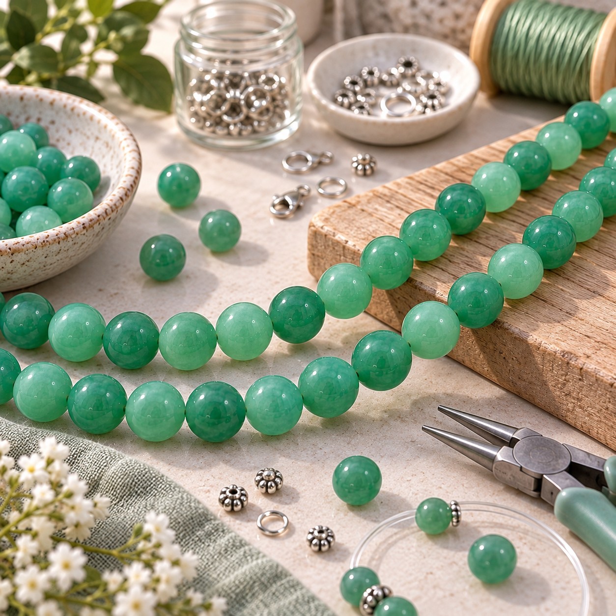 Grüner Jadeperlenstrang 8,5 mm gefärbt (ca. 46 Perlen / ca. 40 cm Länge)