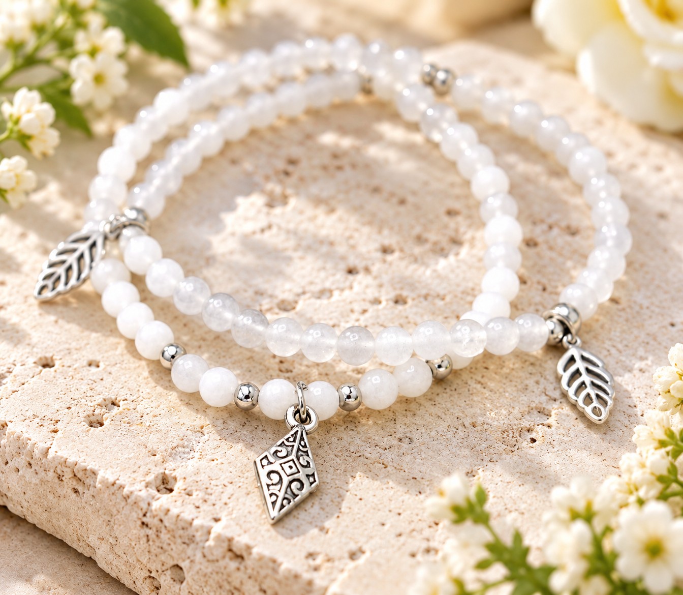 Bastelset für 2 Jadeperlen Armbänder mit antik silberfarbenen Charm Anhängern