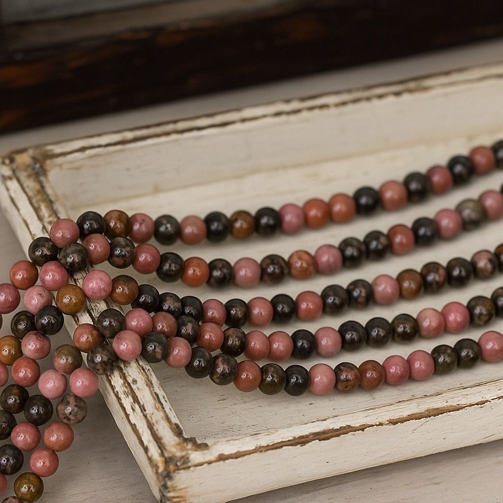 Natürlicher Rhodonit Perlenstrang rund glatt 4,5 mm (ca. 85 Perlen / ca. 36 cm Länge)