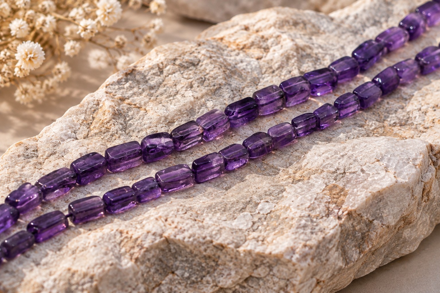 Amethyst Perlenstrang 5,4 - 6,4 x 4 - 4,5 x 2,5 - 3,5 unregelmäßige Rechtecke (ca. 33 cm Länge)
