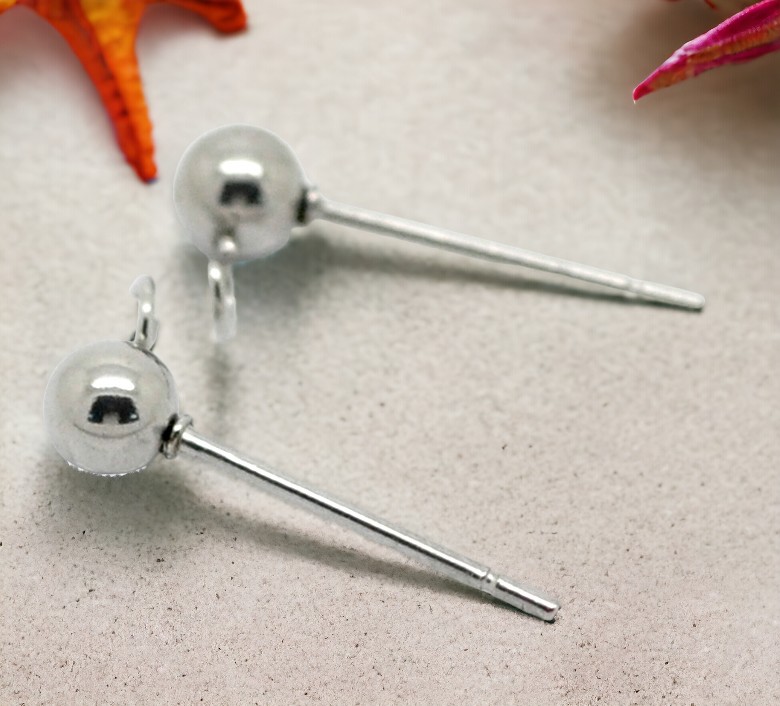 8 Edelstahl Kugelohrstecker mit Anhängeröse platinfarben 6,5 x 4 mm und weichem Ohrstopper