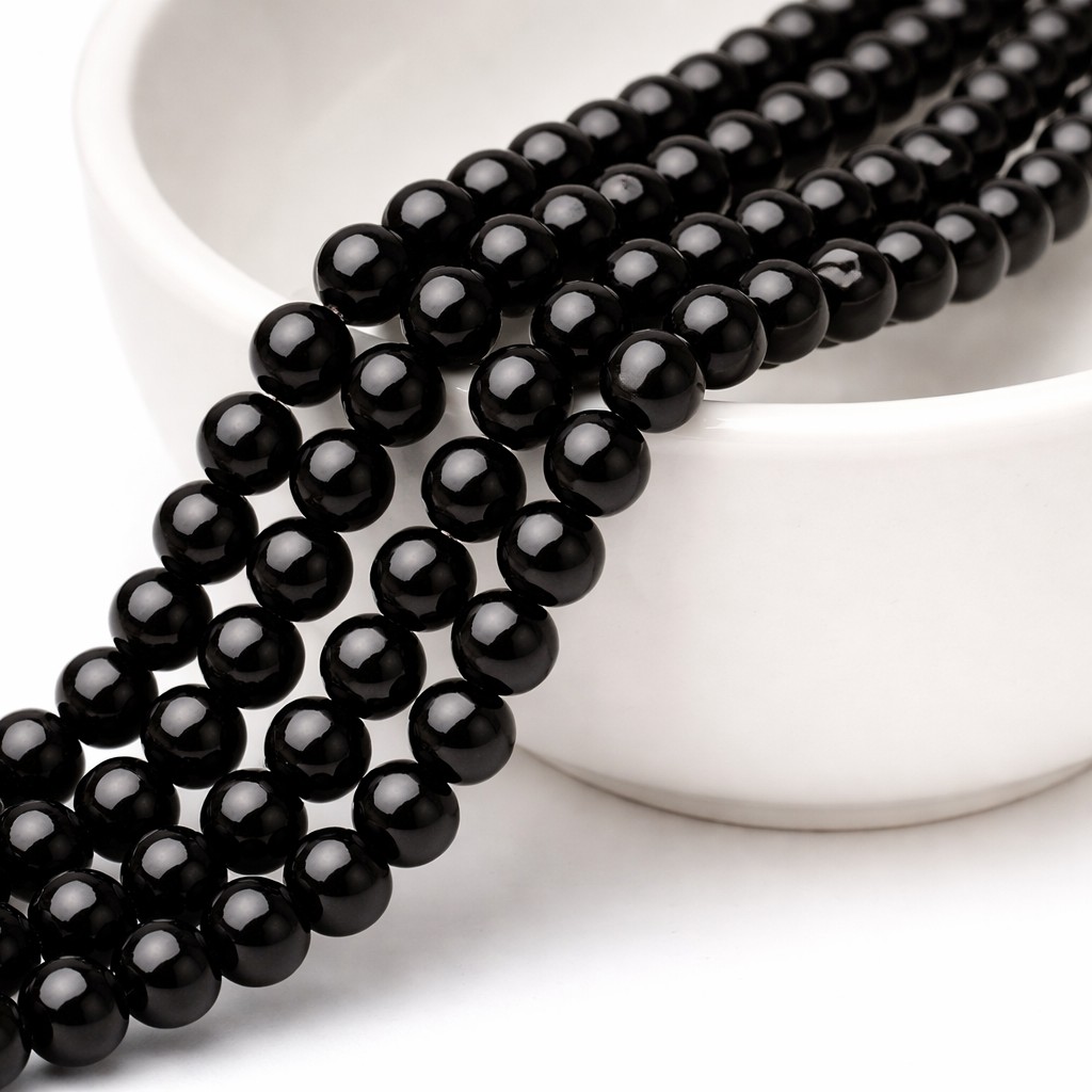 Natürlicher schwarzer Onyx Perlenstrang 6 - 6,3 mm rund glatt glänzend (ca. 64 Perlen / ca.38 cm Län