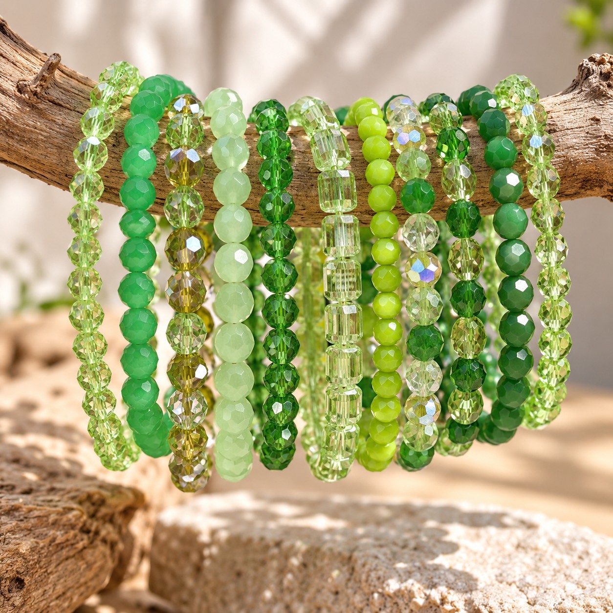 DIY Glasperlen Armband Bastelset WALDGEFLÜSTER 4 - 5 mm Glasperlenstränge in Grün mit Perlenbrett und elastischem Band
