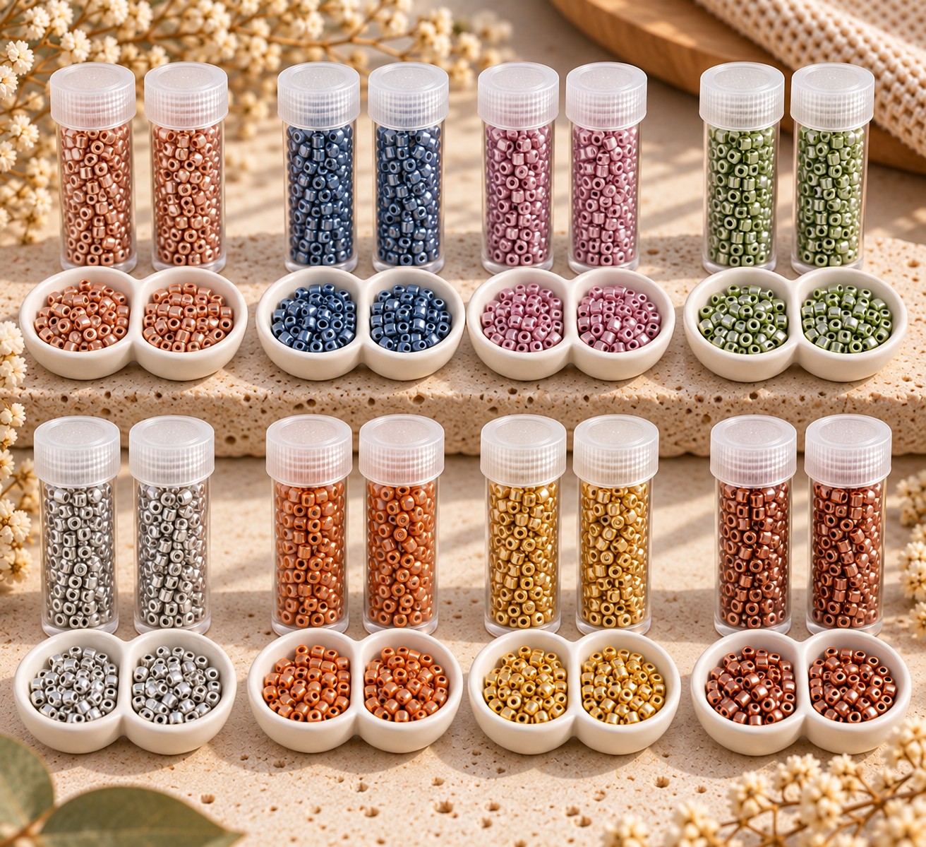 80 Gramm Zylinderperlen 8 Farben in 16 Kunststoffröhrchen - für DIY Schmuck