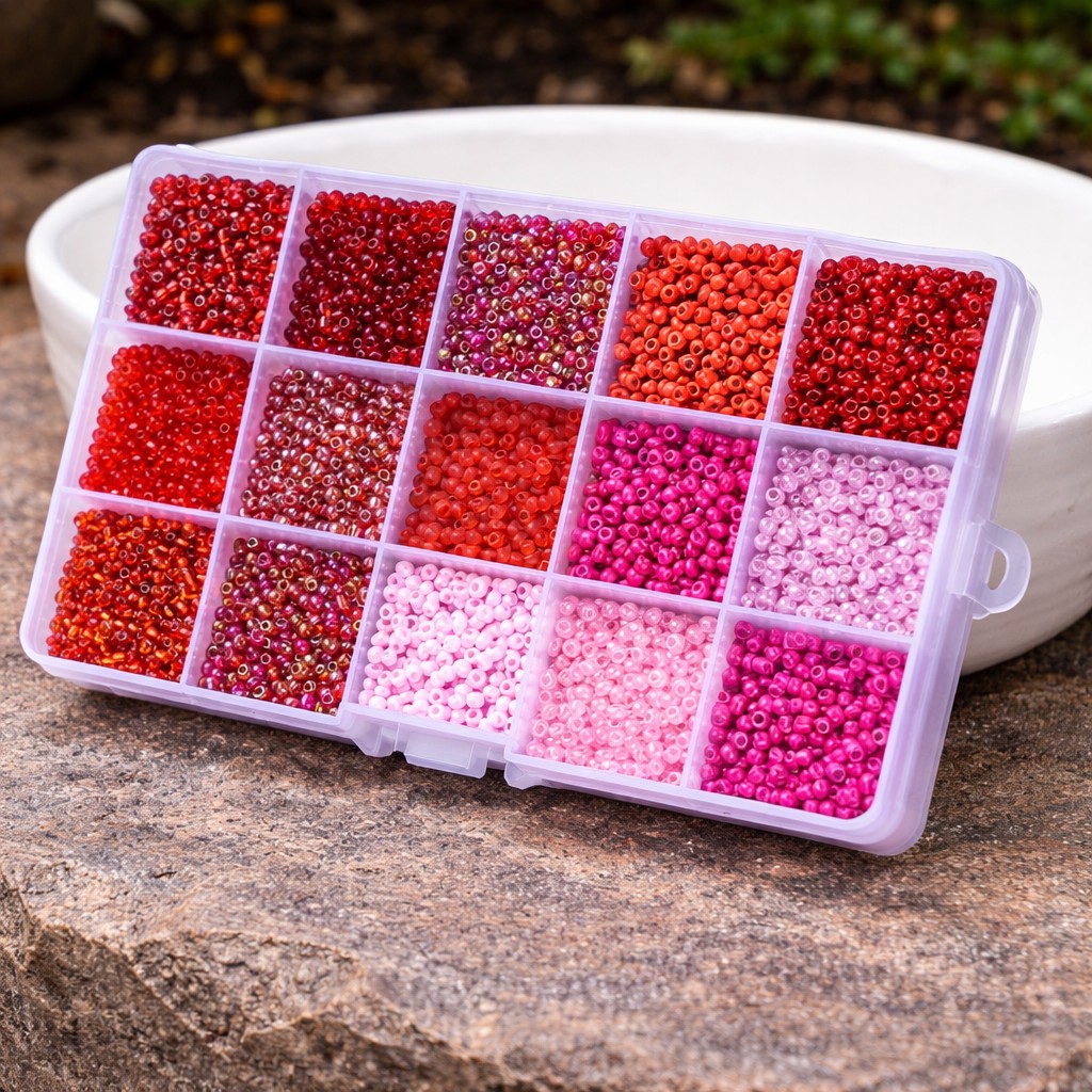 1 Kasten Rocailles 8/0 Glasperlen 15 verschiedene Farben 3 mm (ca. 230 Gramm)