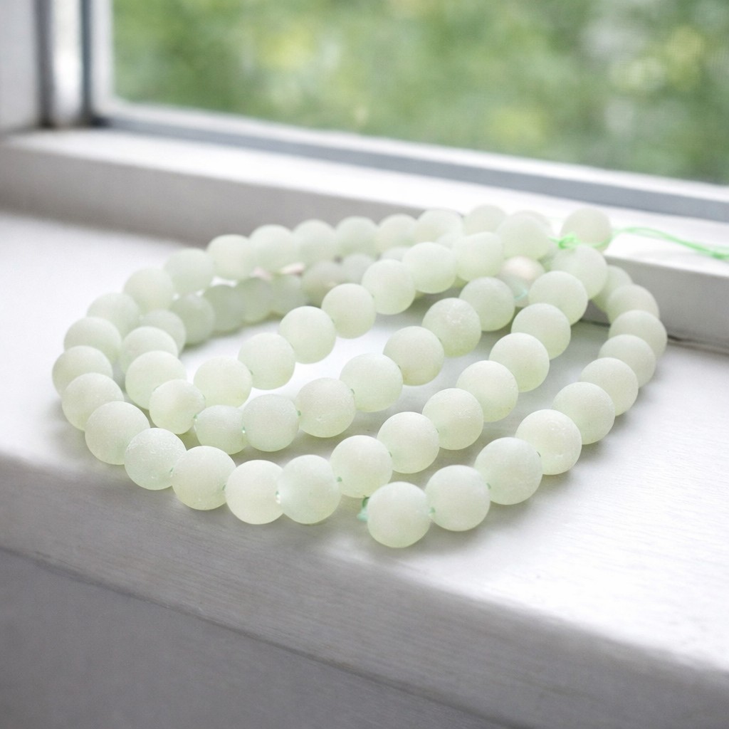 Zartgrüner matter gefrosteter Aventurin Perlenstrang 8 - 8,5 mm (ca. 45 Perlen / ca. 38 cm Länge)