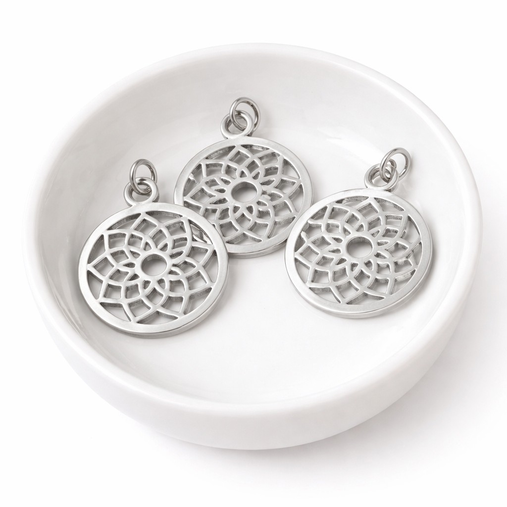 Edelstahl Chakra Anhänger rund platinfarben 22,5 x 19 x 1 mm - filigranes Mandala Design