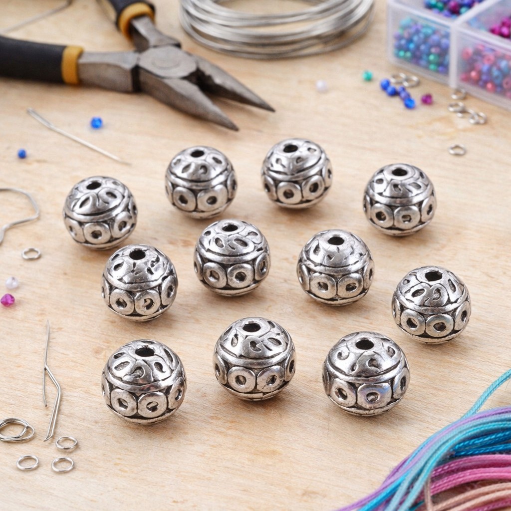10 tibetische Metallperlen Zwischenperlen 8 mm antik silberfarben - dekorative Schmuckperlen für Armbänder & DIY Schmuck