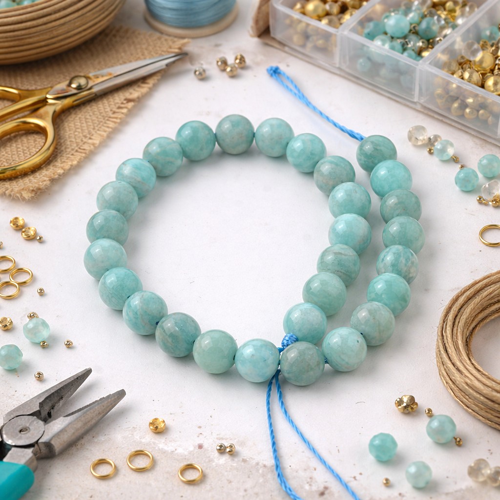 Natürlicher kurzer Amazonit Perlenstrang 6 - 6,4 mm rund glatt glänzend (ca. 30 Perlen / ca. 19 cm Länge)